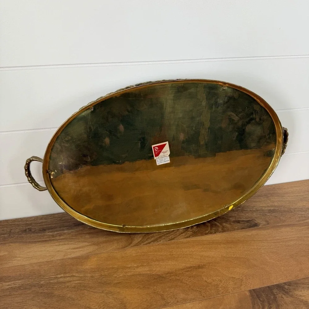 Vintage Brass Serving Tray Faux Bamboo Hollywood Regency Style Oval Large *Wear*